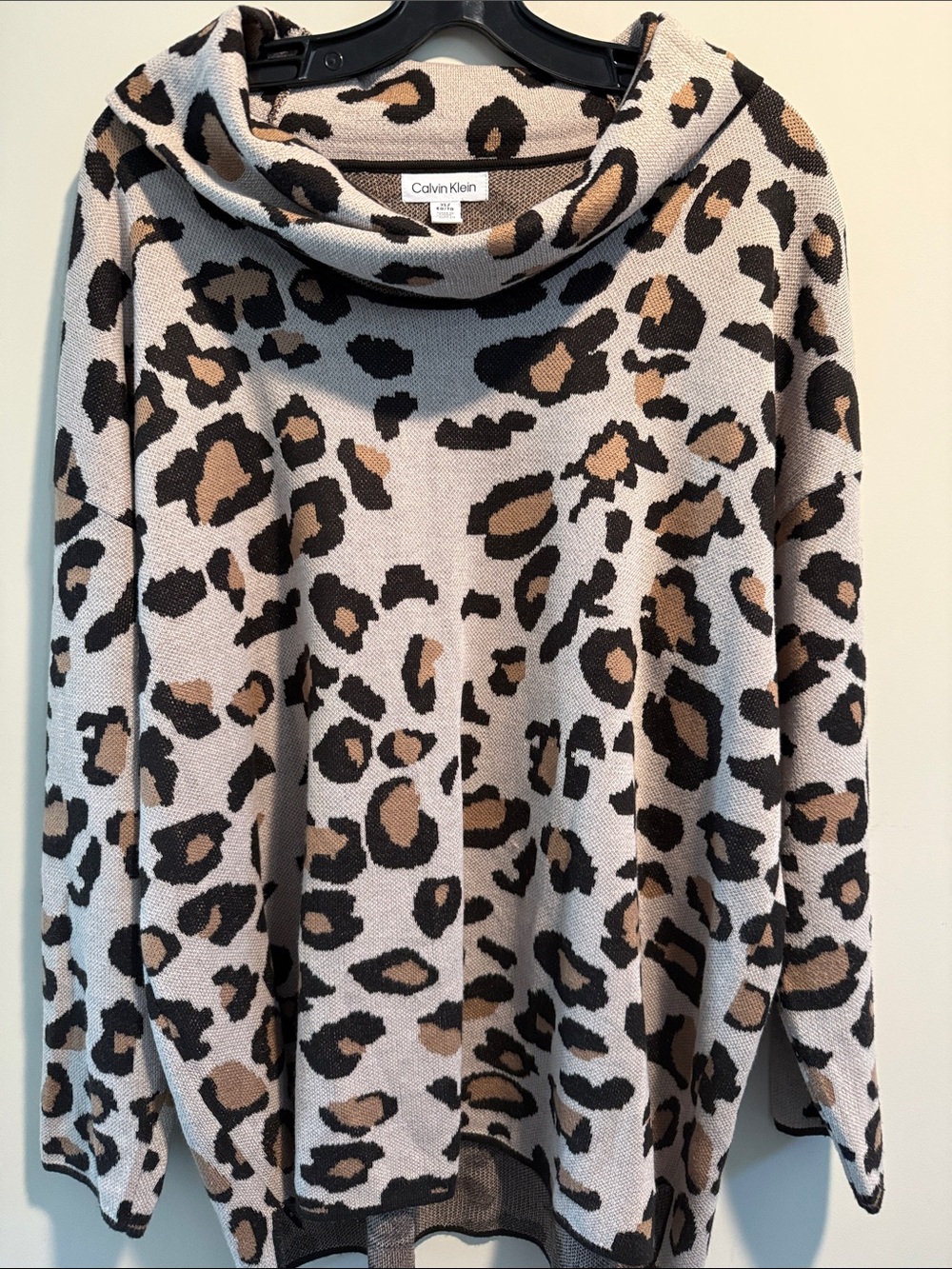 Calvin Klein Beige and Black Leopard Cowl Neck Sweater